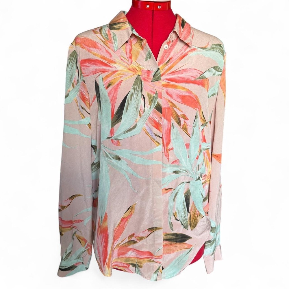 Pure Silk pink & orange floral button up blouse with long sleeves size 8/10